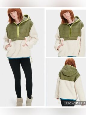 UGG Iggy Sherpa Half Zip Hoodie Olive & Cream Sherpa Pullover Size L